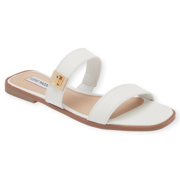 STEVE MADDEN Harrlie Slide Sandal White Gold Accents Flats NWT - Picture 1 of 10